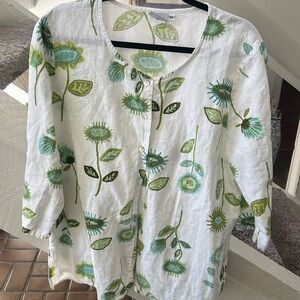 Hot Cotton White and Green Floral Blouse